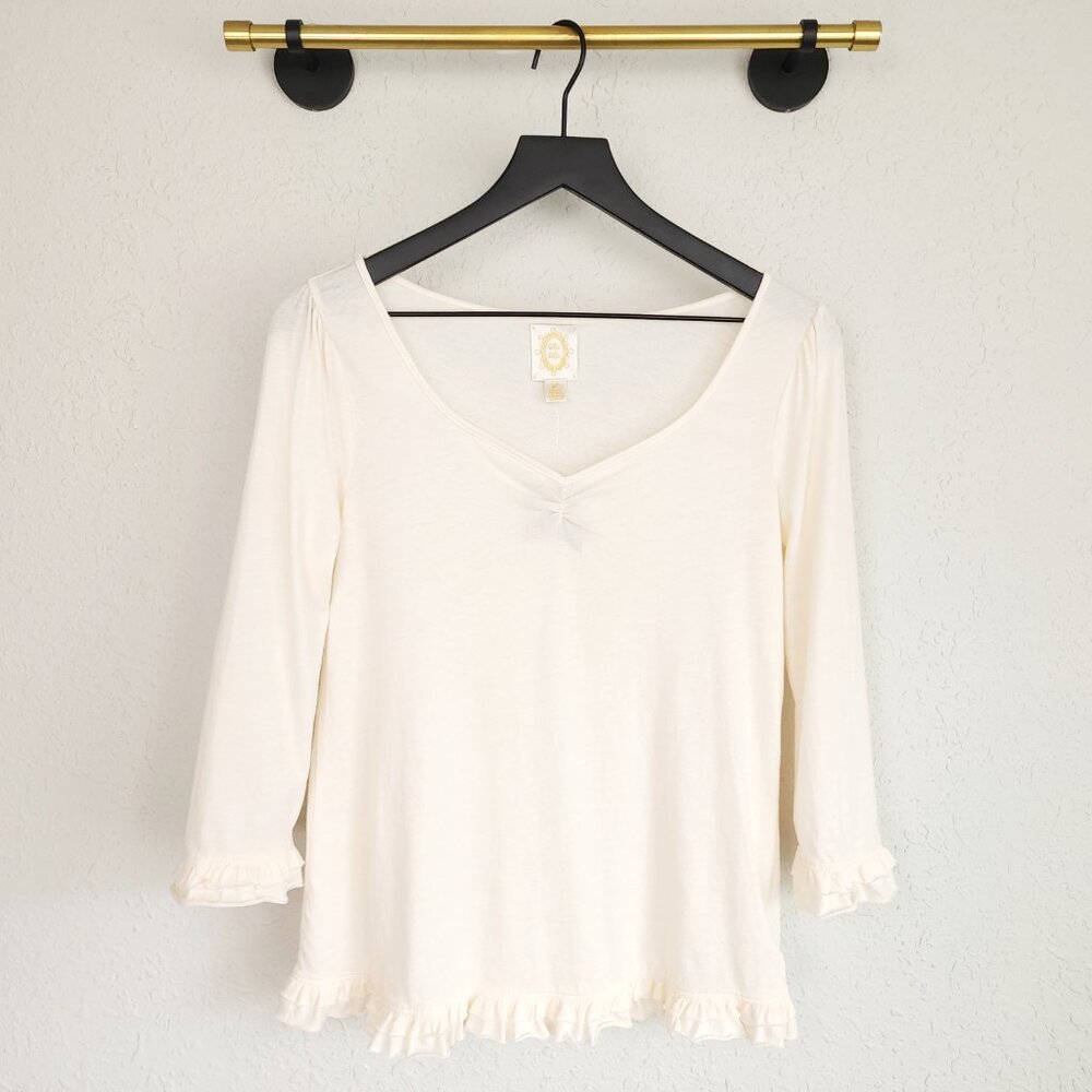 Anthropologie Ric Rac S Ivory V-Neck Ruffle Hem Semi-Sheer Long Sleeve Tee NWT
